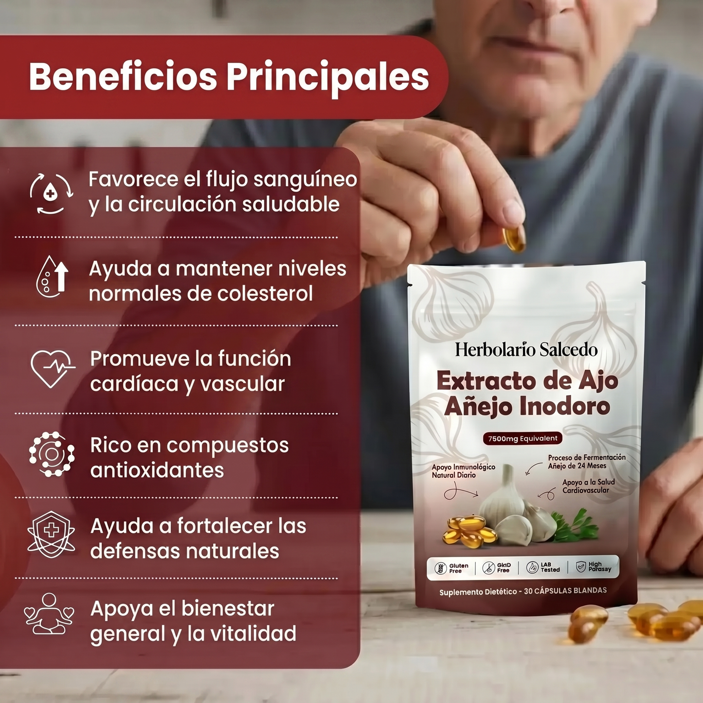Extracto de Ajo Envejecido - Cápsulas Blandas Inodoras de 7500mg