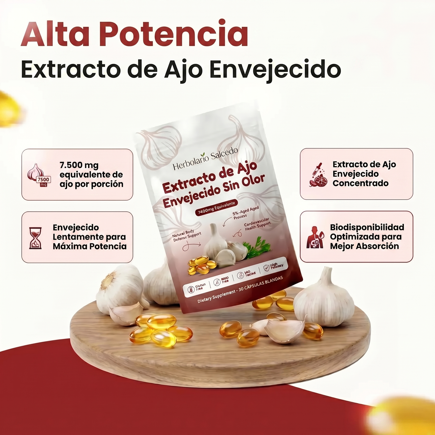 Extracto de Ajo Envejecido - Cápsulas Blandas Inodoras de 7500mg