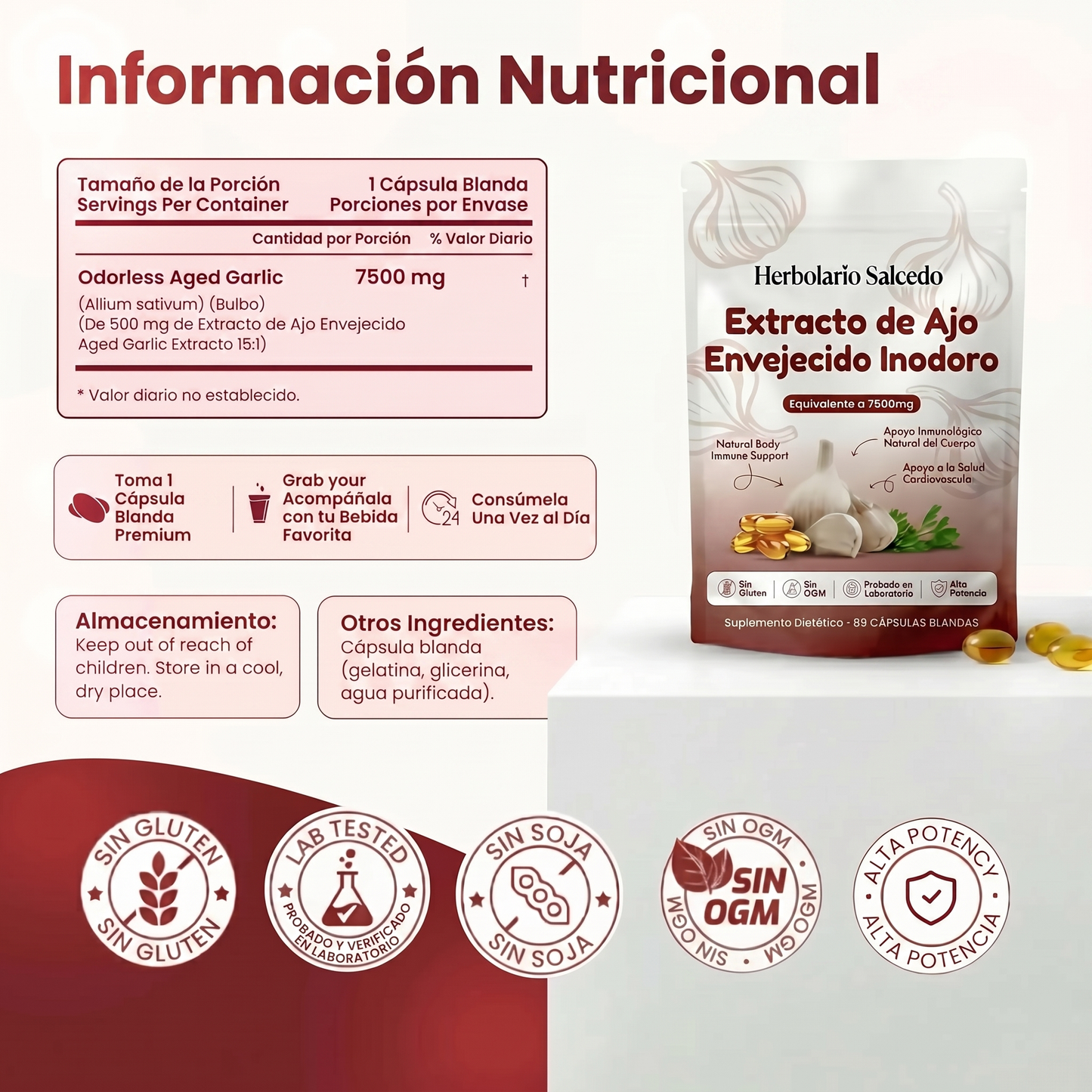 Extracto de Ajo Envejecido - Cápsulas Blandas Inodoras de 7500mg