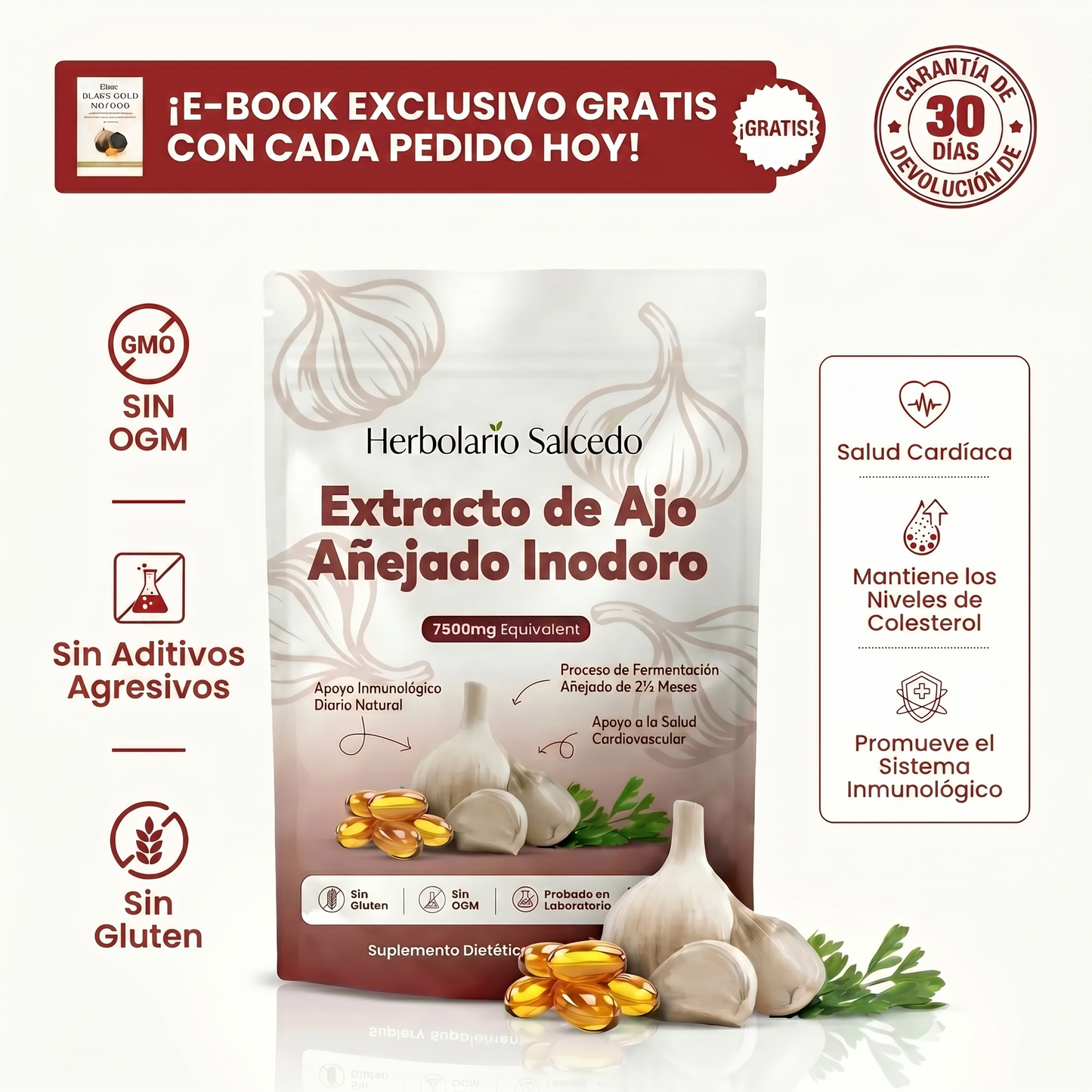 Extracto de Ajo Envejecido - Cápsulas Blandas Inodoras de 7500mg